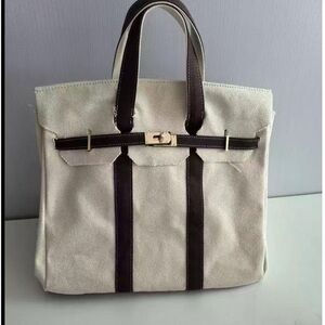 Chic Canvas Cream and Brown Women's Tote Bag with gold hardware.Boatkin inspired